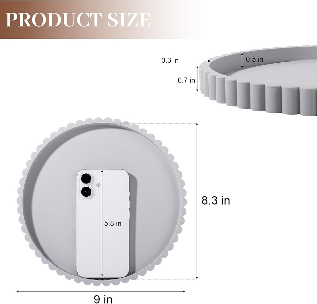 Round Bathroom Tray Perfume Organizer Coffee Table Decor, 9" Light Gray