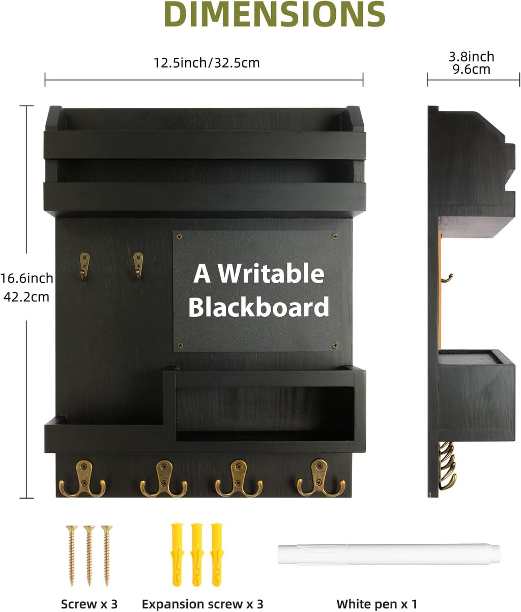 Large Key and Mail Holder Wall Mount, 12.5x16.5 Inch Solid Wood Key Racks for Entryway, Front Door, Hallway, Wall Organizer (Matte Black)