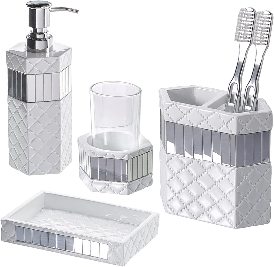 Creative Scents Quilted Mirror 6 Piece Bathroom Accessories Set