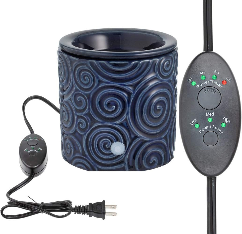 Blue Swirl Ceramic Candle Warmer Electric with Safety Timer | Automatic Plug in Fragrance Warmer for Scented Wax Melts, Cubes, Tarts | Air Freshener Set for Home Décor, Office, and Gifts