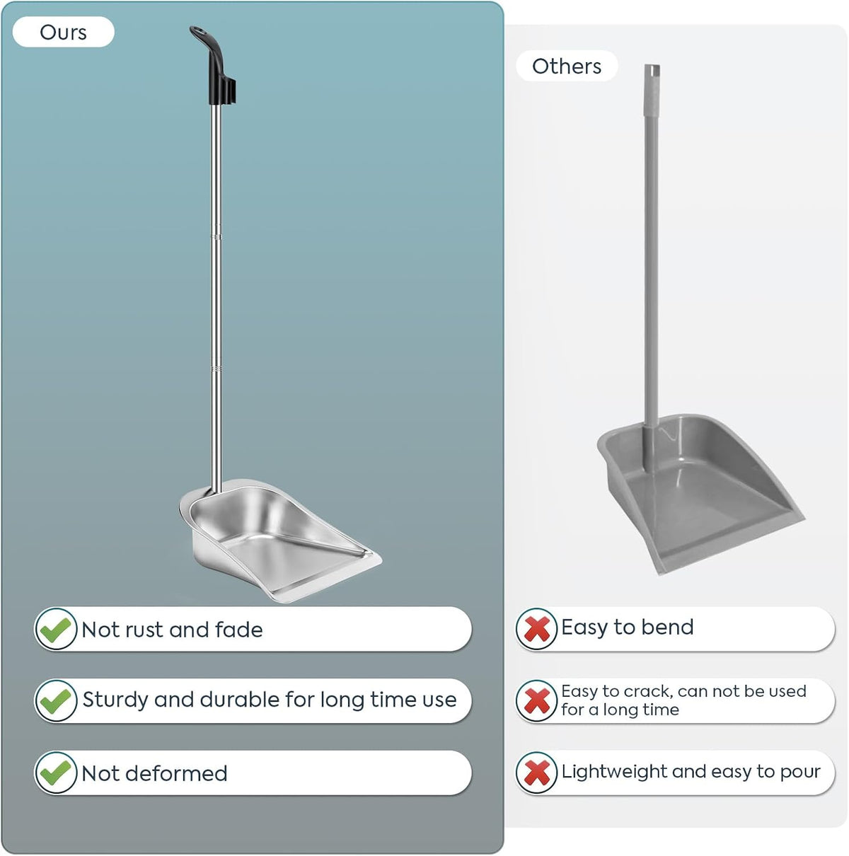 Dust Pans with Long Handle - 35”Heavy Duty Metal Upright Stand Up Dustpan