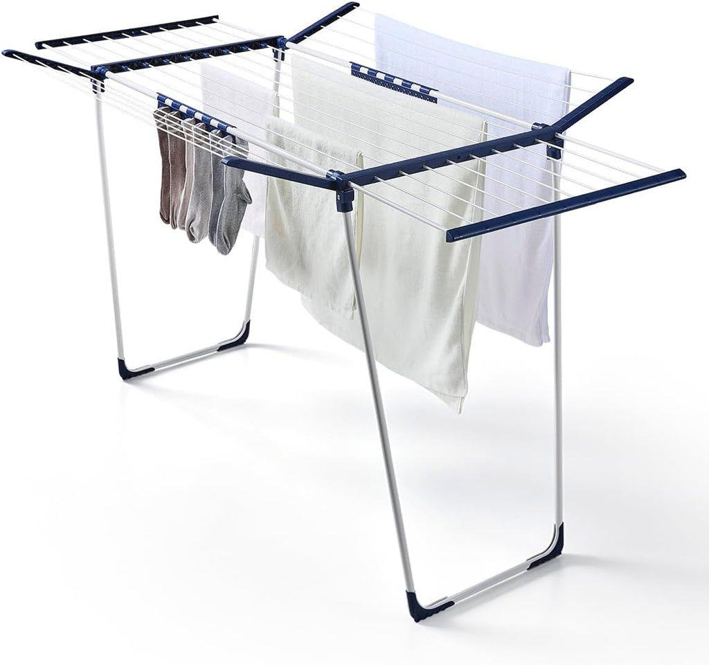 JS HANGER Extendable Clothes Drying Rack with Fold-Out Wings & Sock Clips, Expands from 41" to 67", Extra Wide Laundry Drying Rack Indoor Outdoor, Folding Rack for Clothes, Towels & Delicates