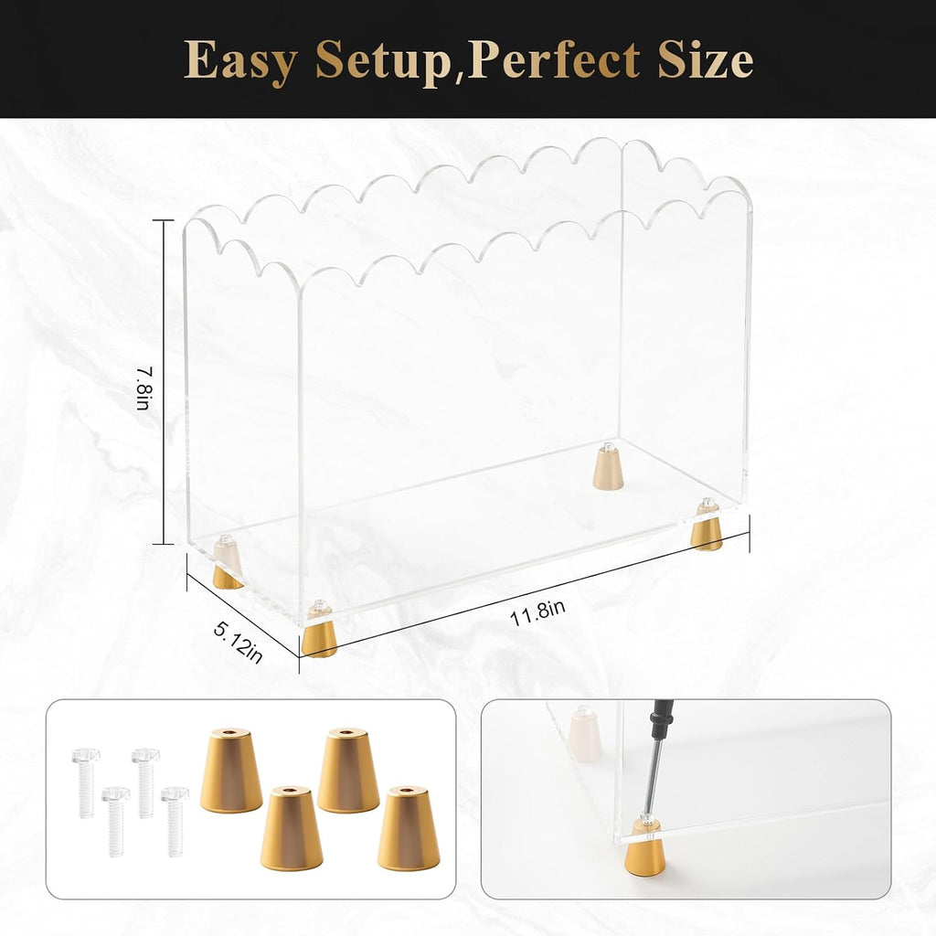 Acrylic Magazine Holder,Magazine Rack Floor,Crystal Clear Stylish Organizer with Luxe Gold Metal Feet and Wave Edge Design Space Saving Storage for Books Newspapers Office Supplies,Home Office