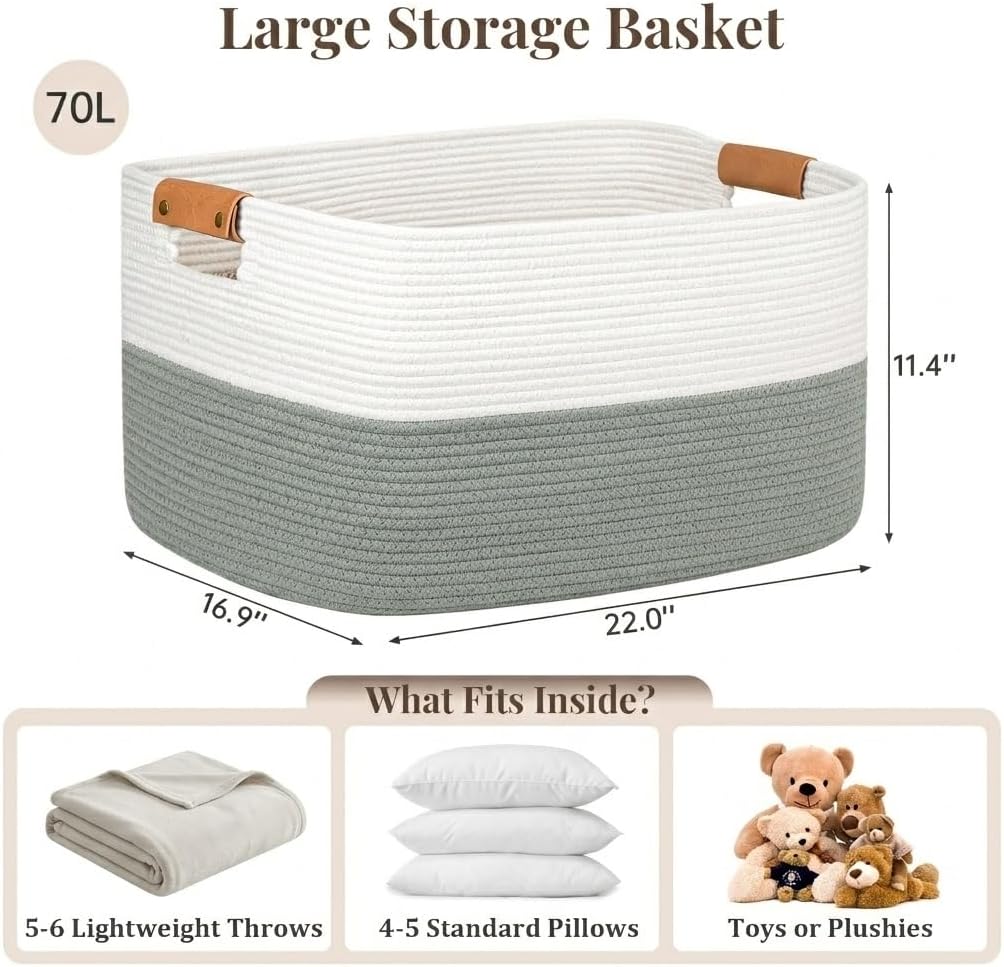 Danpinera 70L Large Woven Blanket Basket for Living Room White & Sage Green
