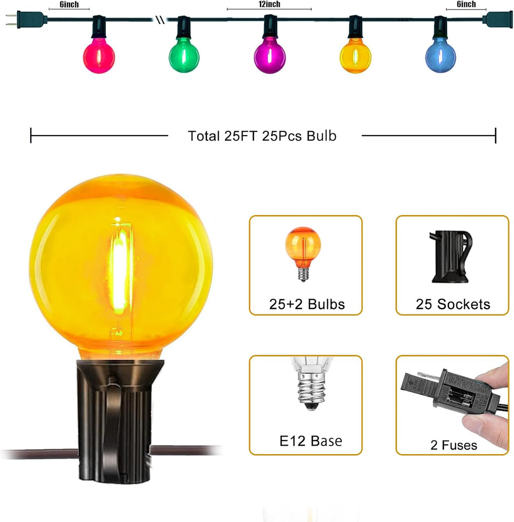 25FT Outdoor String Lights, G40 LED Multicolor Globe, Shatterproof