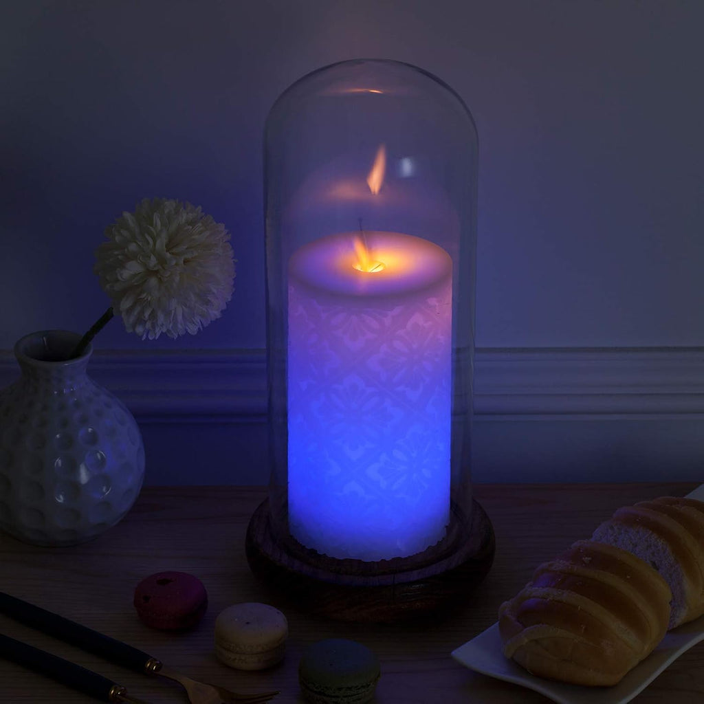 Flameless Candle, Real Wax LED Candle, Safety RGB Light, Run by 2 AA Batteries(not Included), Ivory Wax, D: 3.2'', H: 6.3'', Floral Pattern, Dancing Flame, Remote to Multi Color, 4H 8H Timer, Flicker