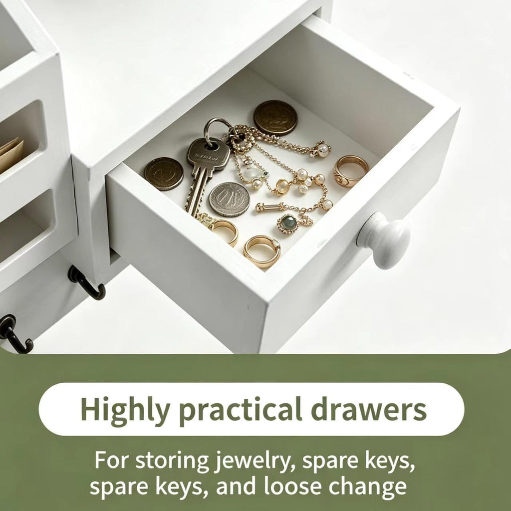 White Key and Mail Holder for Wall with 6 Hooks and Storage Drawer Drawer & Mail Storage Compartment, 2 Installation Options, Space‑Saving for Entryway, Hallway & Mudroom