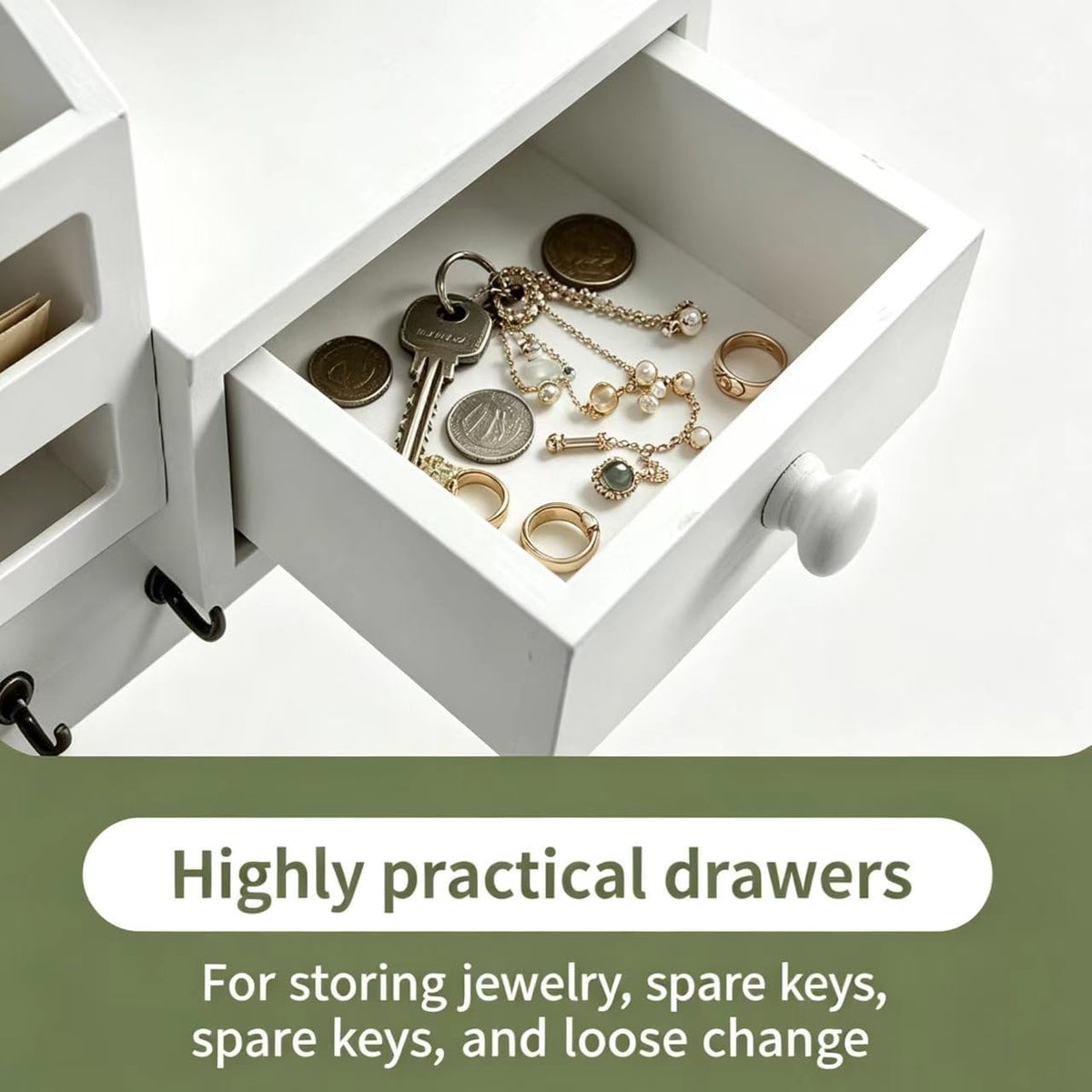 White Key and Mail Holder for Wall with 6 Hooks and Storage Drawer Drawer & Mail Storage Compartment, 2 Installation Options, Space‑Saving for Entryway, Hallway & Mudroom