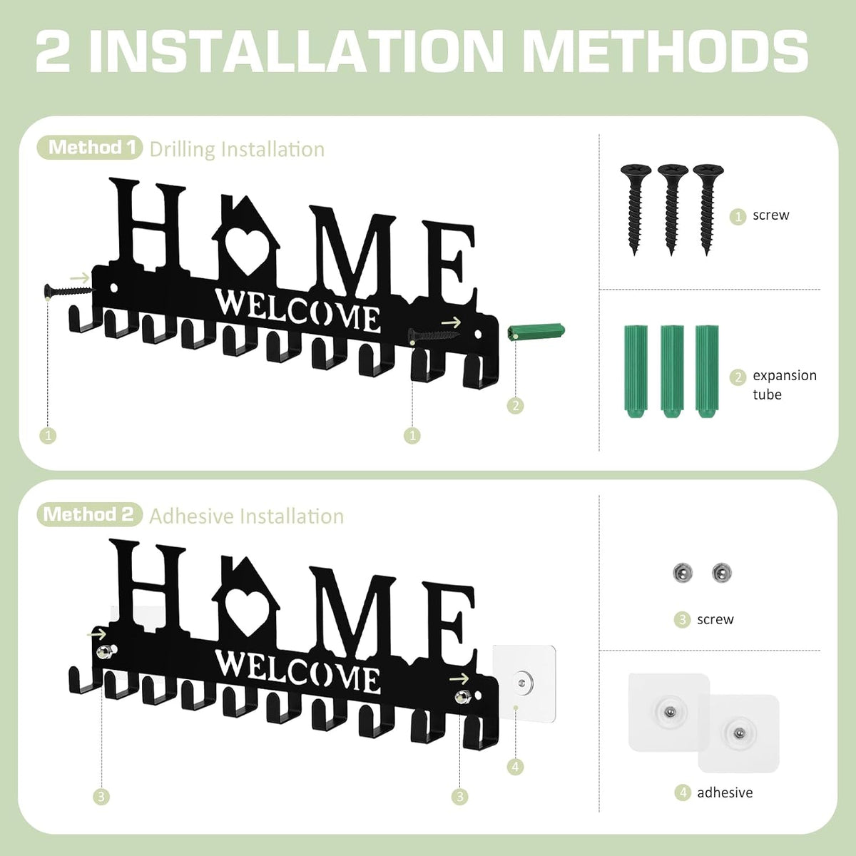 Key Holder Wall Mount, Adhesive Key Hanger with 10 Hooks, Black