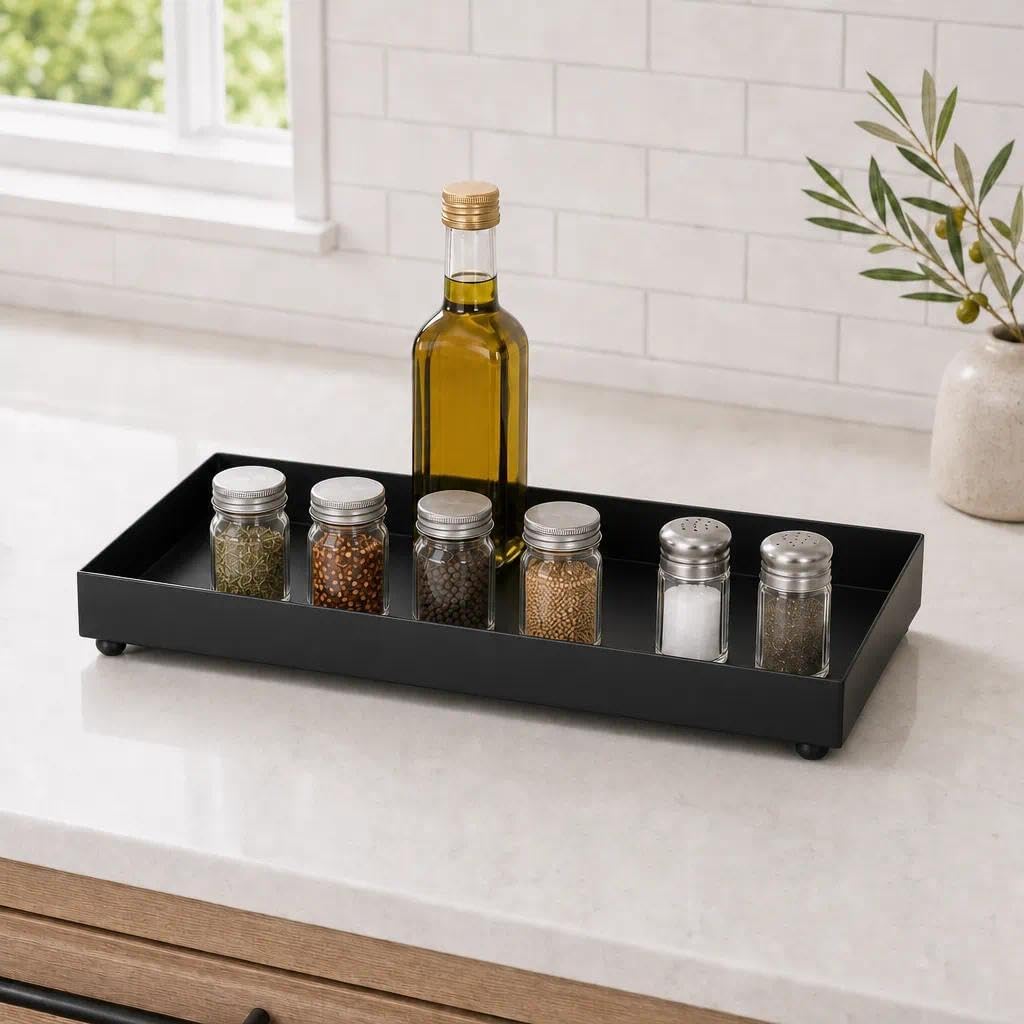 15.5"x5.8" Matte Black Rectangular Metal Tray, Candle & Jewelry Organizer