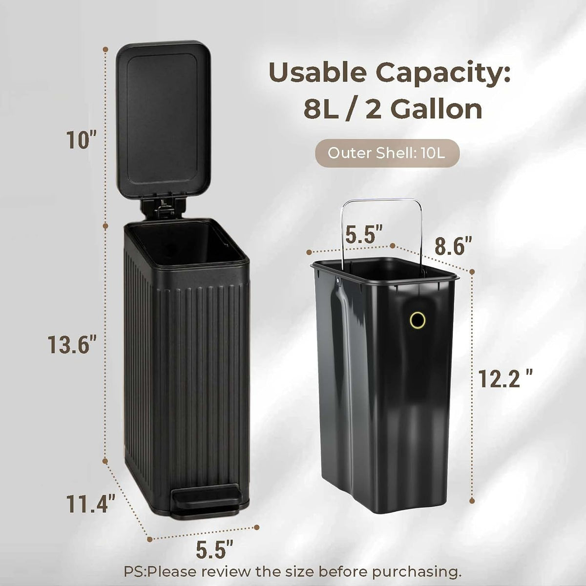 Slim Bathroom Trash Can with Lid, 2 Gallon, Stainless Steel, Fluted