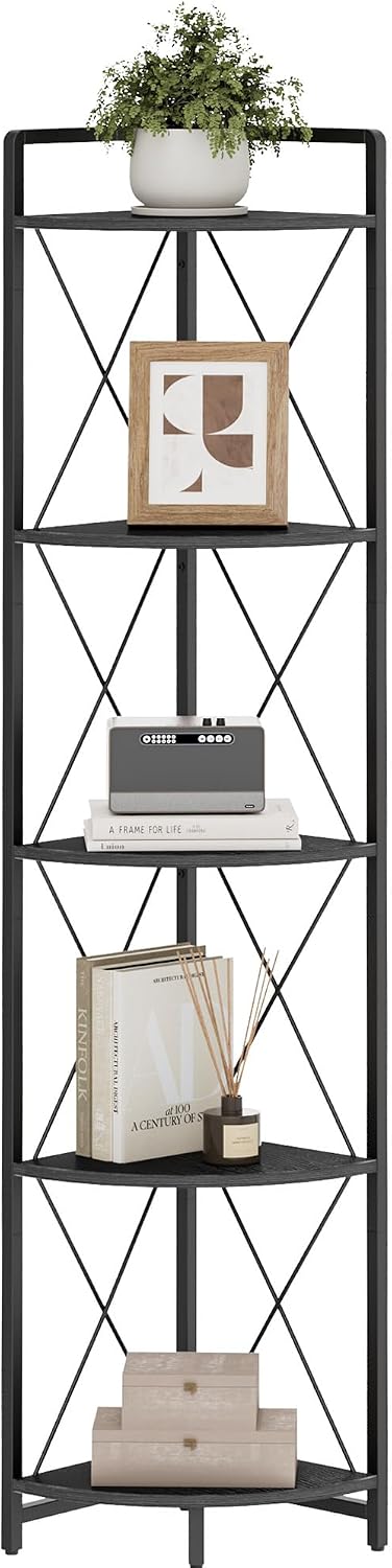 5 Tier Corner Shelf Stand, 64" H Tall Corner Bookshelf, Black