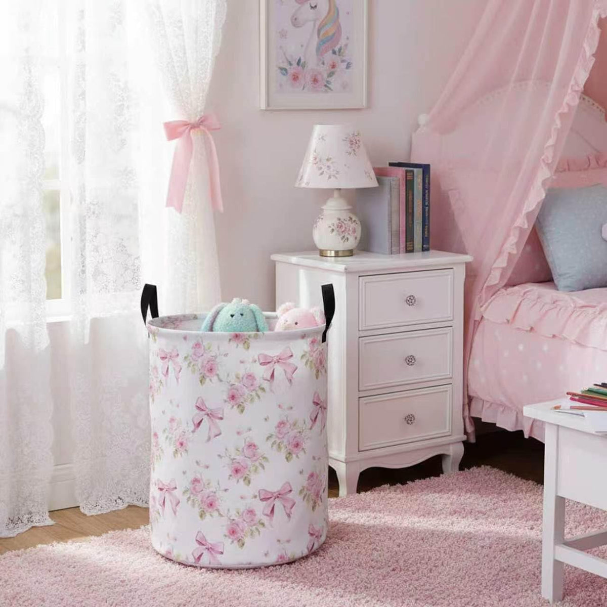 Baby Girl Laundry Basket Kids Nursery Gift Hamper Bow Room Deco (Pink Flower Bowknot)