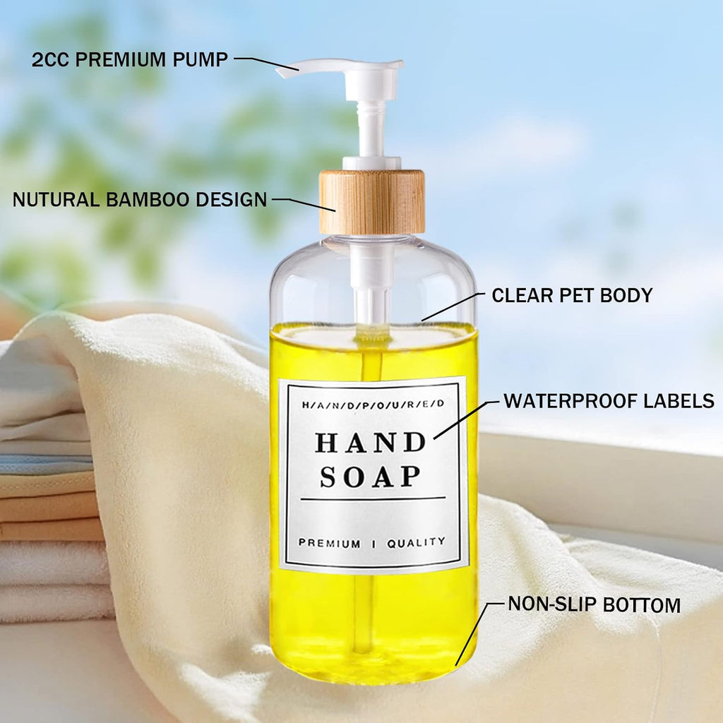 Clear Plastic Soap Dispenser Set - 16oz Refillable for Kitchen, Bathroom Shampoo & Conditioner