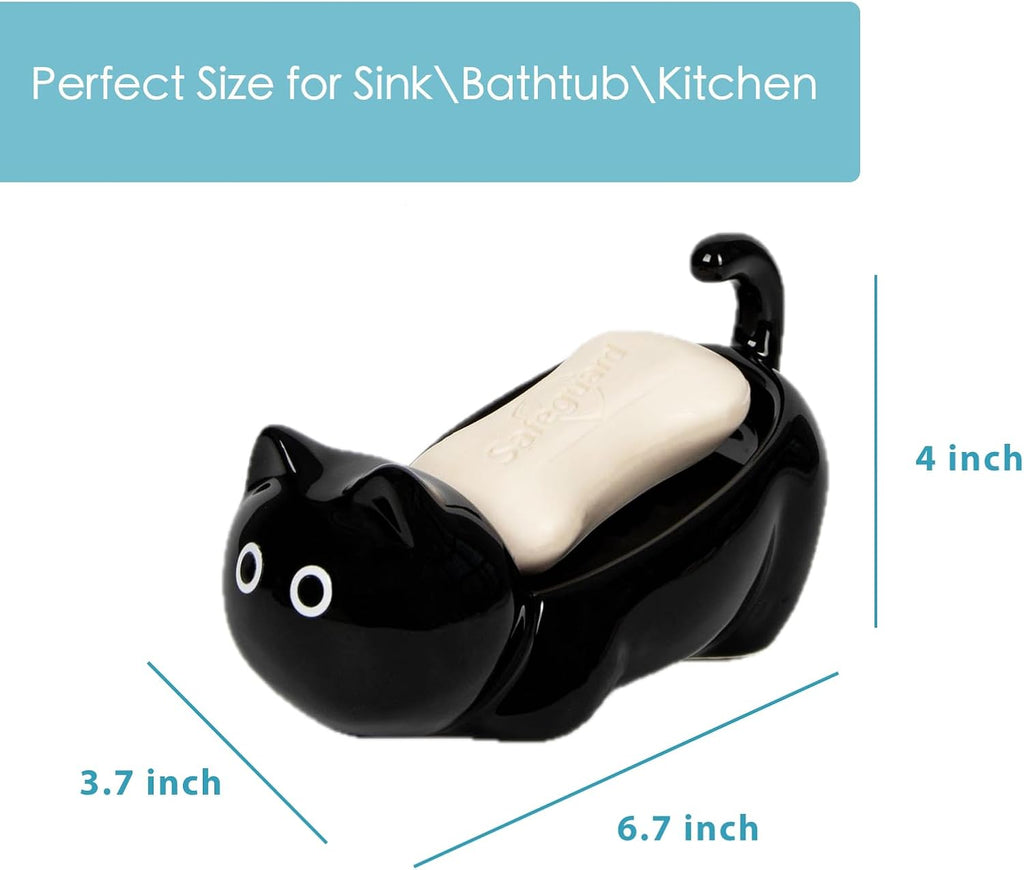 Ceramic Cute Cat Soap Dish 45° Self Draining Tray (Black)