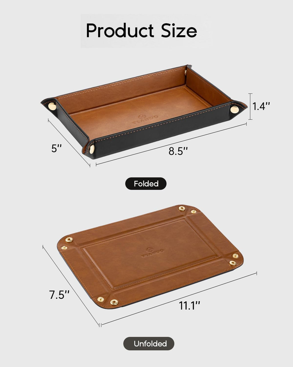 VLANDO Travel Valet Tray for Women, Foldable PU Leather, Light Brown