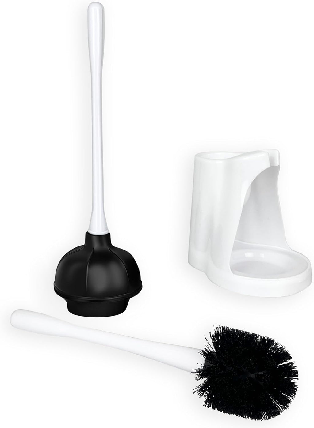 2 in 1 Toilet Brush and Plunger Set - Toilet Brush with Solid Handle, Stand and Holder for Deeply Cleaning in Bathrooms - Plastic Toilet Brush and Holder Set in White