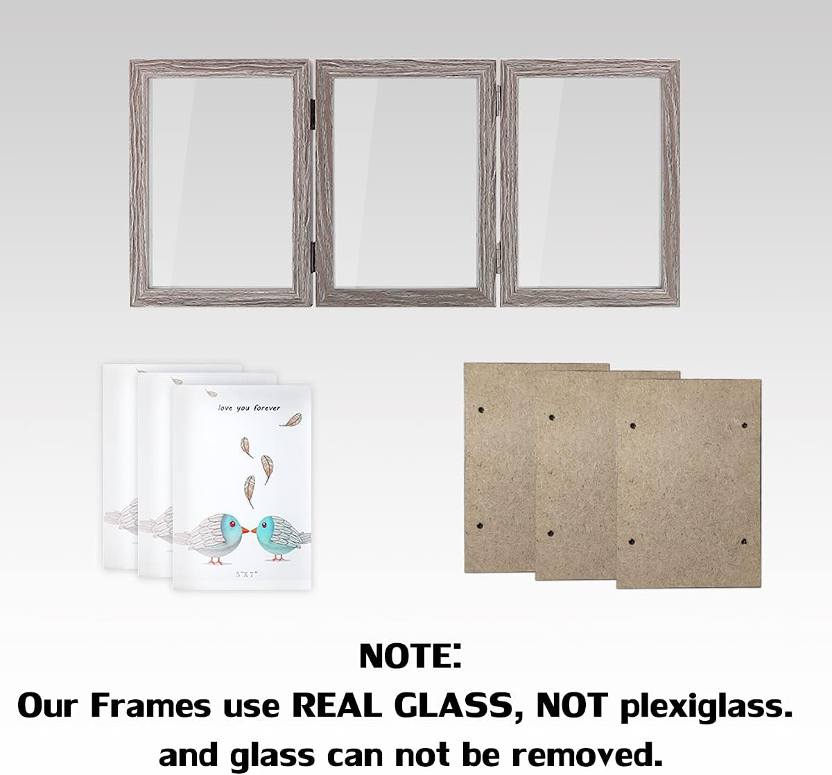 5x7 Triple Hinged Picture Frames Shadow Box MDF Wood Grey with Real Glass 3 Vertical Opening Family Lover Gift