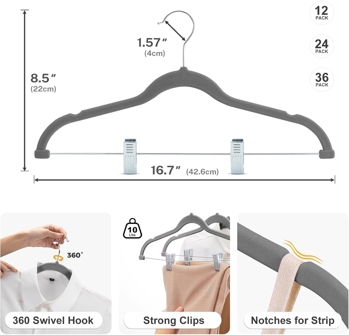 HOUSE DAY Velvet Skirt Hangers 12 Pack, Gray Velvet Pant Hangers