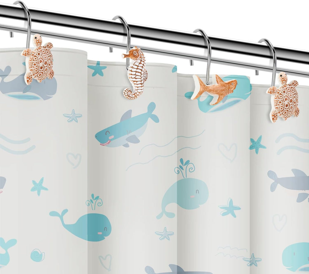 Seashell Shower Curtain Hooks, 12Pcs Decorative Anti-Rust Shower Hooks, Coastal Style Curtain Hooks for Bathroom Nursery Bedroom Living Room Decoration (Turtle Starfish Shark)