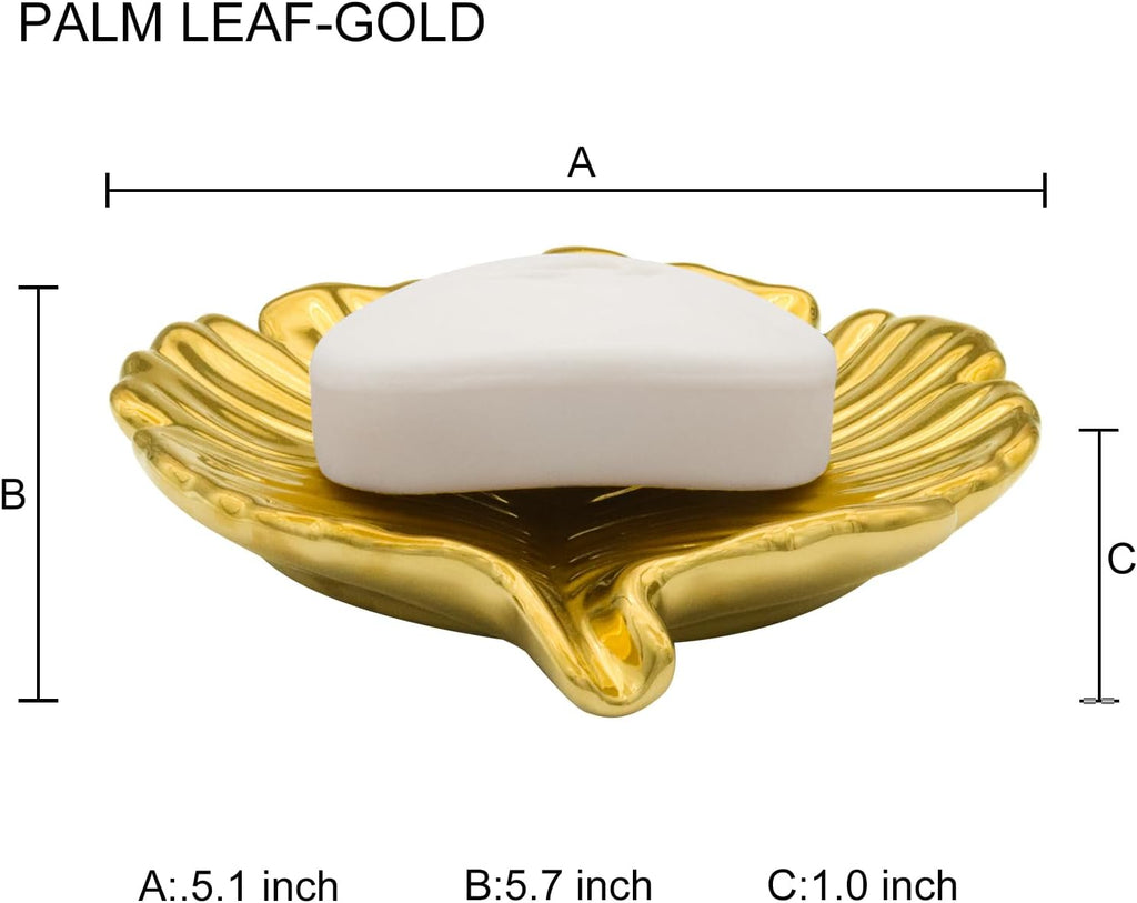Gold Leaf Bathroom Soap Dish,Ceramic Soap Dish Holder in Palm Leaf Style,Self Draining Design and Used to Hold Various Small Bathroom and Kitchen Accessories