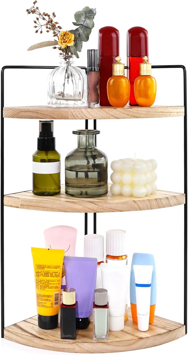Corner Bathroom Counter Organizer Countertop Brown, 3-Tier Corner Shelf Wood Vanity Tray Easy Assembly Space Saving Shelf for Kitchen, Bathroom, Dresser, Makeup, Office
