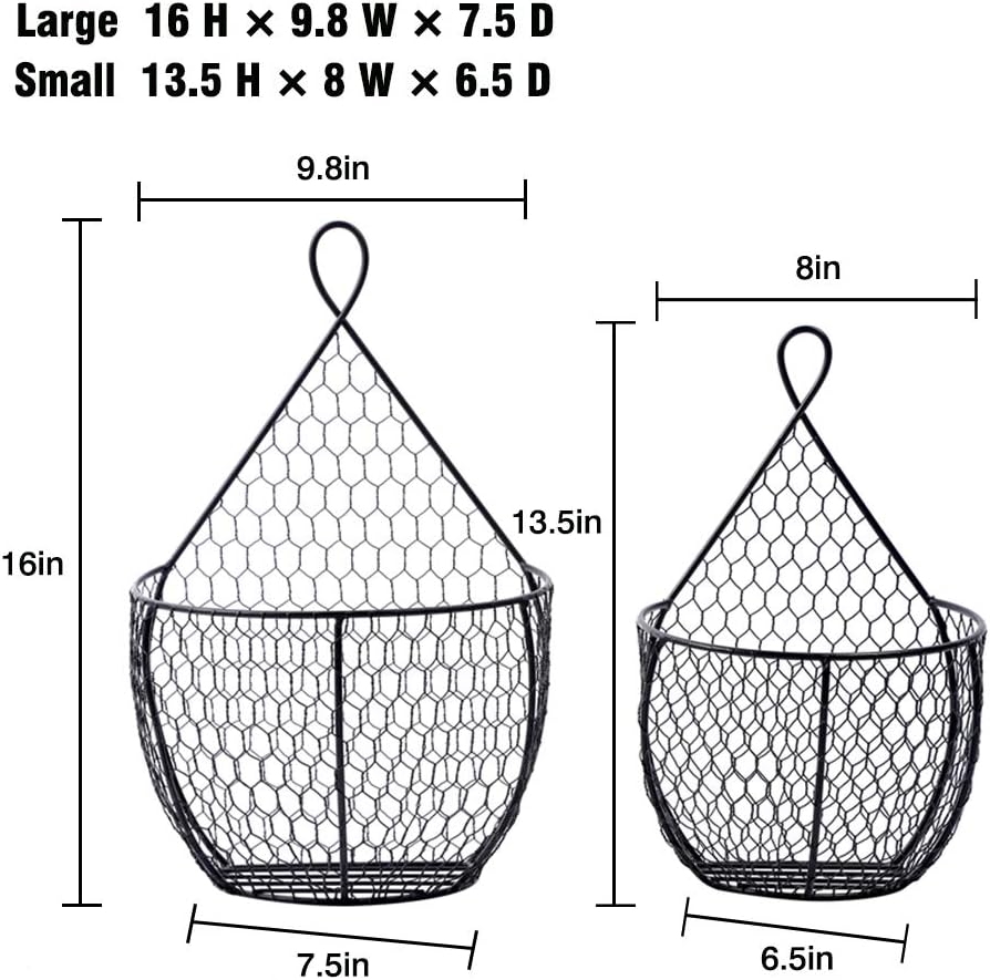 ERYTLLY Metal Fruit And Vegetable Storage Hanging Basket Wall Mounted, For Kitchen Black Wire Baskets for Flowers, Fruits and Veggies, - Set of 2