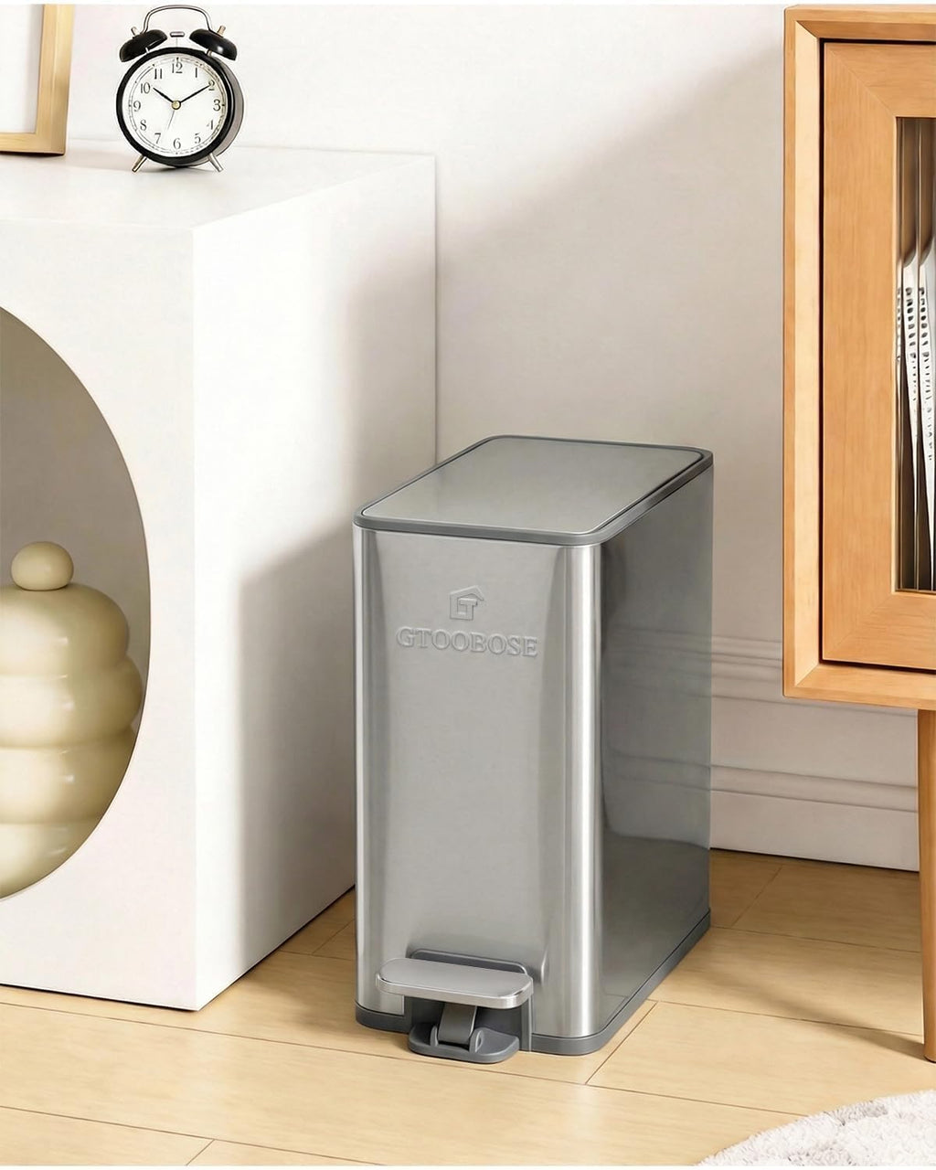 10L/2.6G Slim Bathroom Trash Can, Narrow Stainless Steel Soft-Close Step Pedal Bin with Lid, Odor Control Carbon Box, Removable Inner Bucket, Small Waste Bin for Bedroom, Office, RV (Silver)