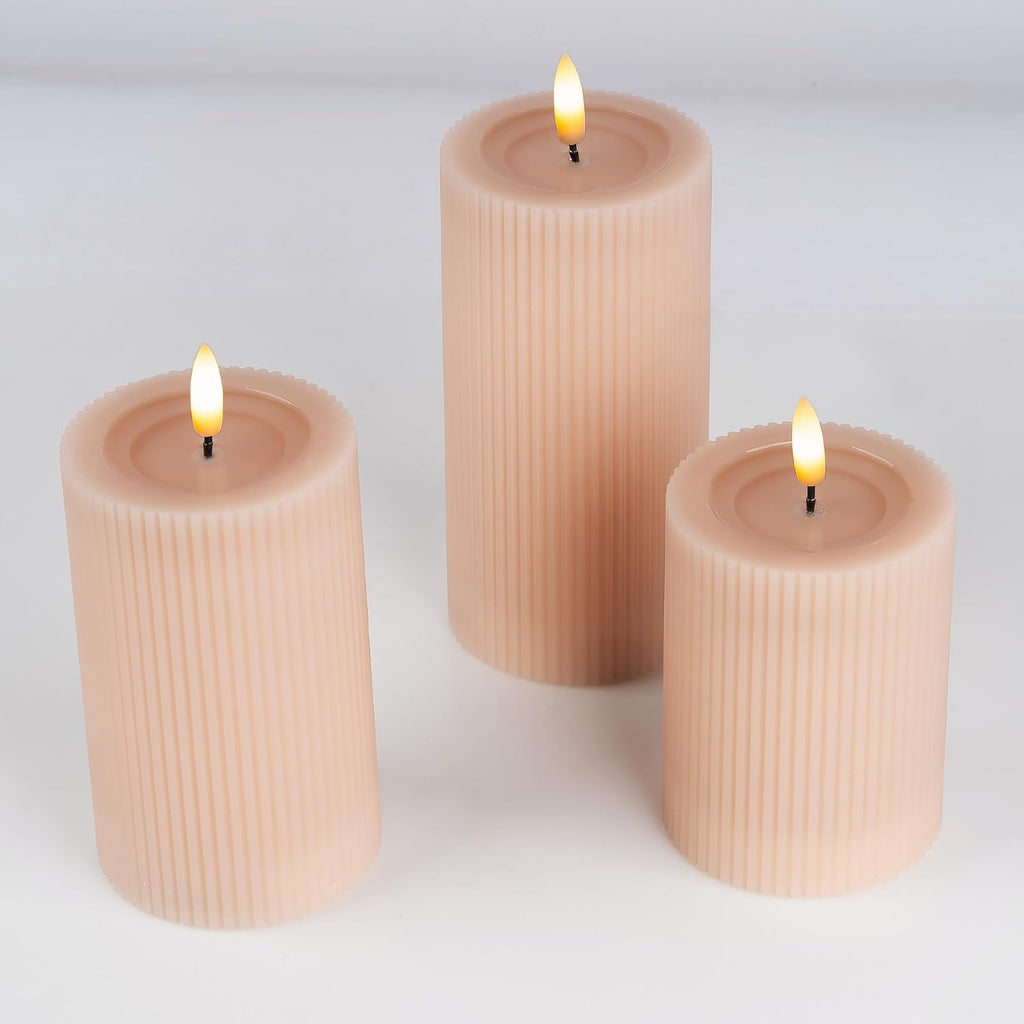 Fluted Ribbed LED Pillar Candles, Blush Beige, with Realistic Reflective Melted-Wax Effect – Flickering Flame, Remote, Dimmable, Flameless, Battery Operated, Home & Wedding Decor (Set of 3)