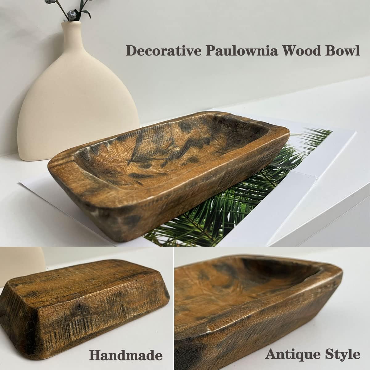 Wooden Dough Bowls Decorative，Rustic Bread Long Bowls Decor Wood Tray, Hand Carved For Table Centerpiece Decor, Home Decor (10 * 6 * 2 inch Brown)