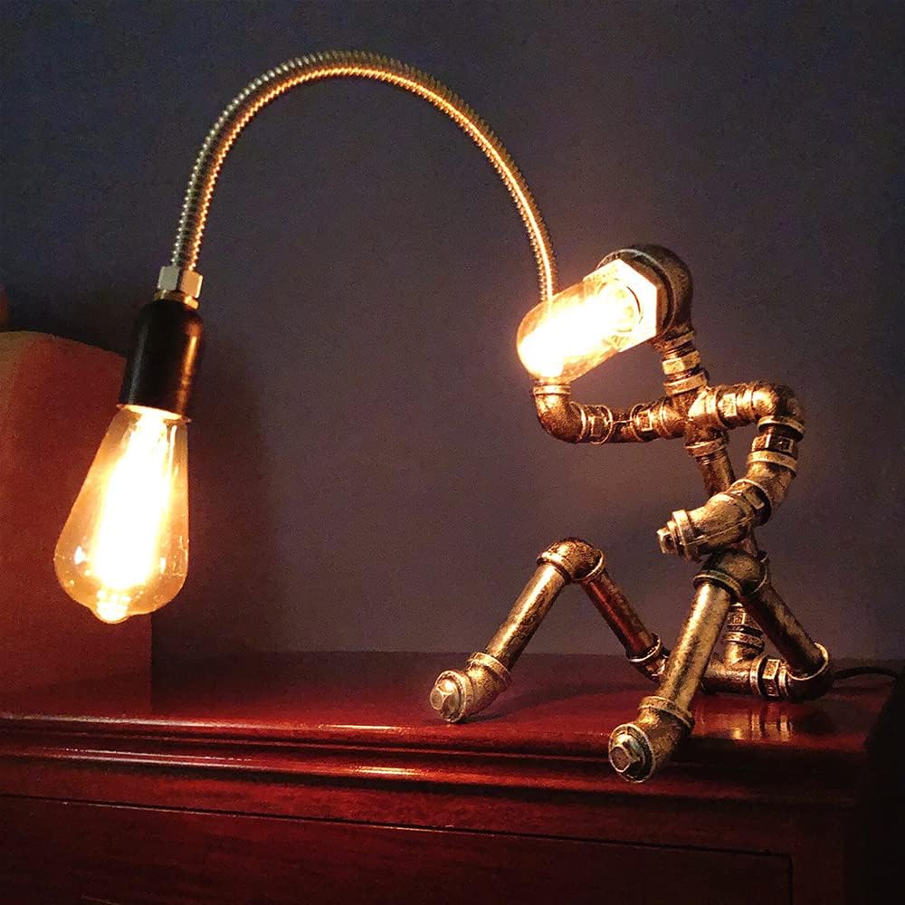 Steampunk Table Lamp Water Pipe Robot Vintage Industrial Style Desktop Cool Table Lamp for Bedside Cafe Bar Night Light Desk Decorations Birthday New Year Gifts