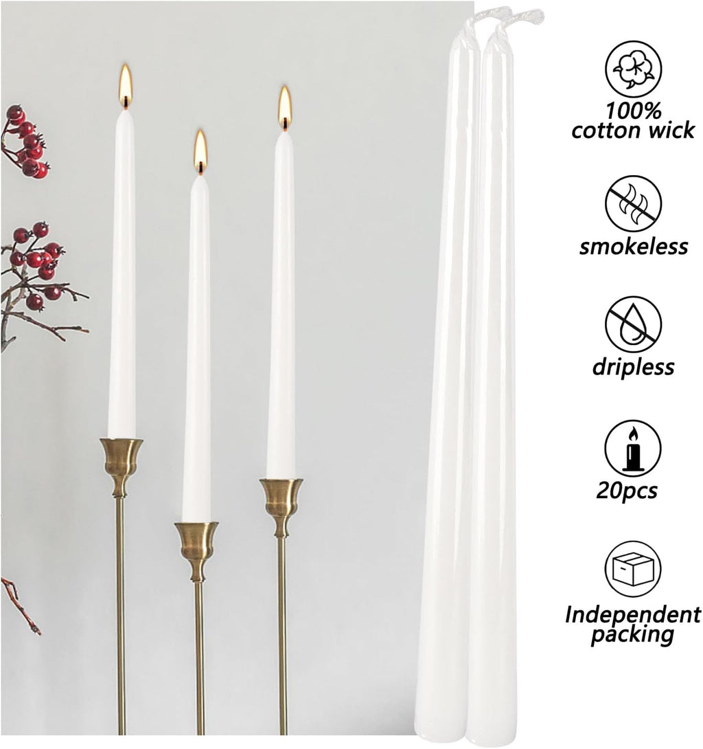 Howemon 20 Pack White Taper Candles 12 Inch Tall 3/4 Inch Thick Burn 10 Hours