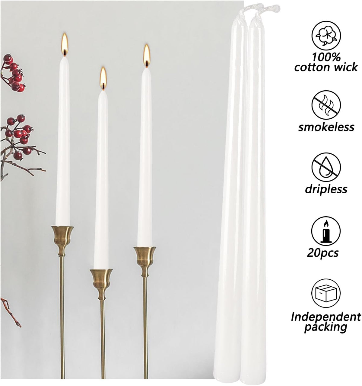 Howemon 20 Pack White Taper Candles 12 Inch Tall 3/4 Inch Thick Burn 10 Hours