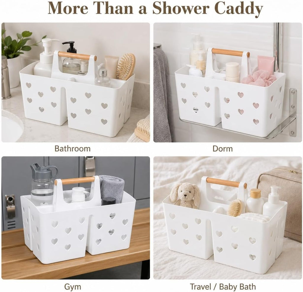 White Portable Shower Caddy, Plastic Basket Organizer with Wooden Handle