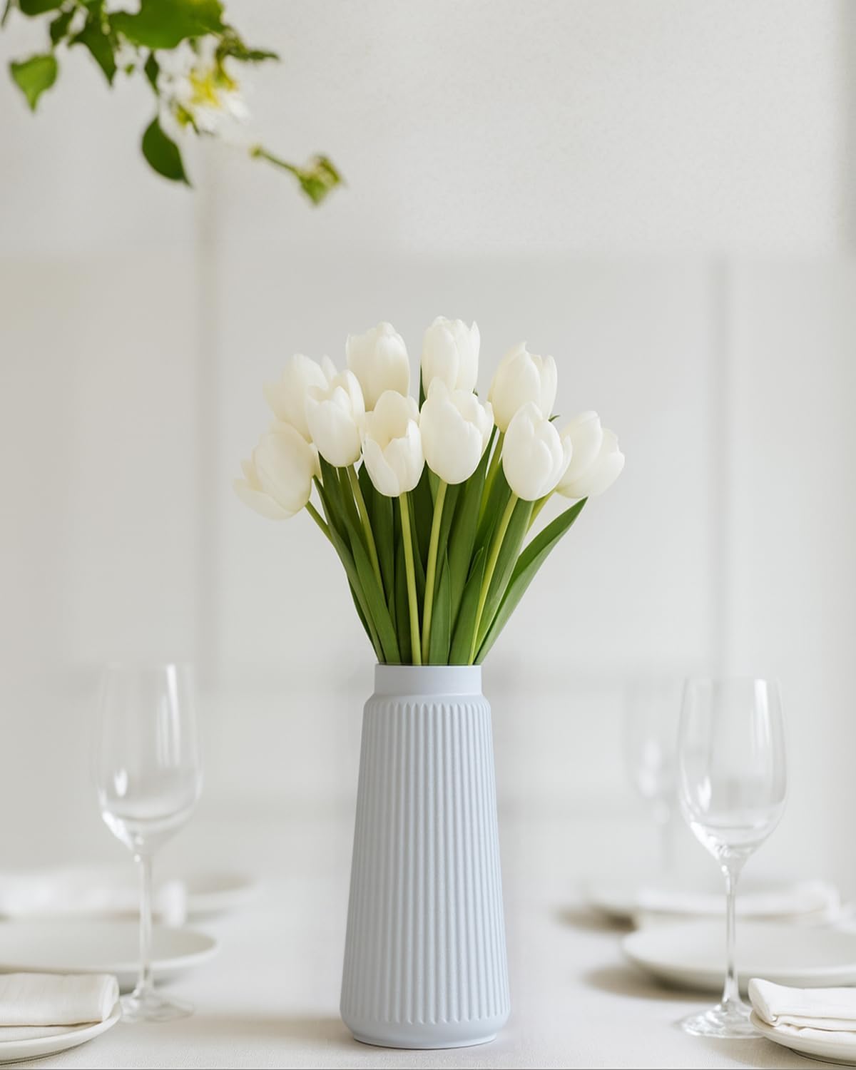 vensovo 8 Inch Glossy White Ceramic Vase, Conical Ribbed Flower Vase