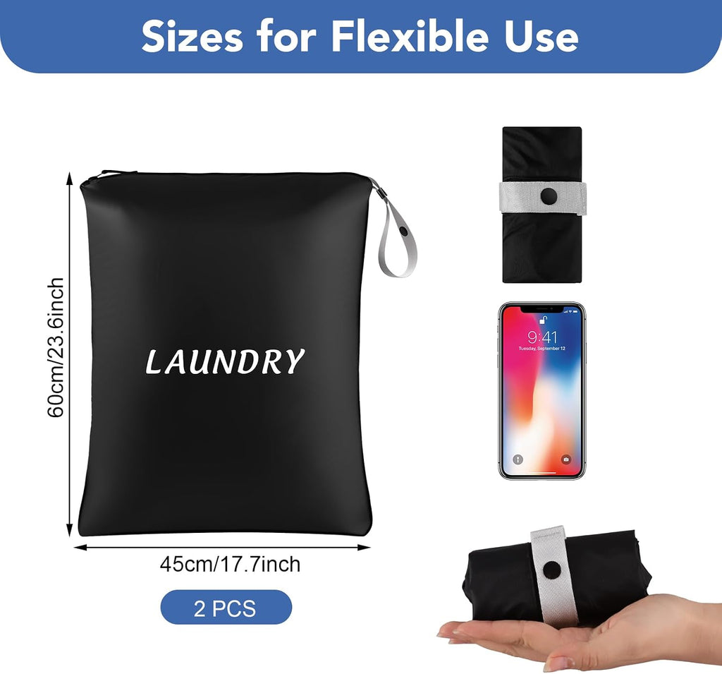 Dntorx 2 Pcs Large Travel Laundry Bags Dirty Clothes Travel Bag, Foldable Waterproof Laundry Bag with Sturdy Handle for Family Beach Gym Pool Yoga Workout College Dorm Swimsuit Diaper Storage, Black
