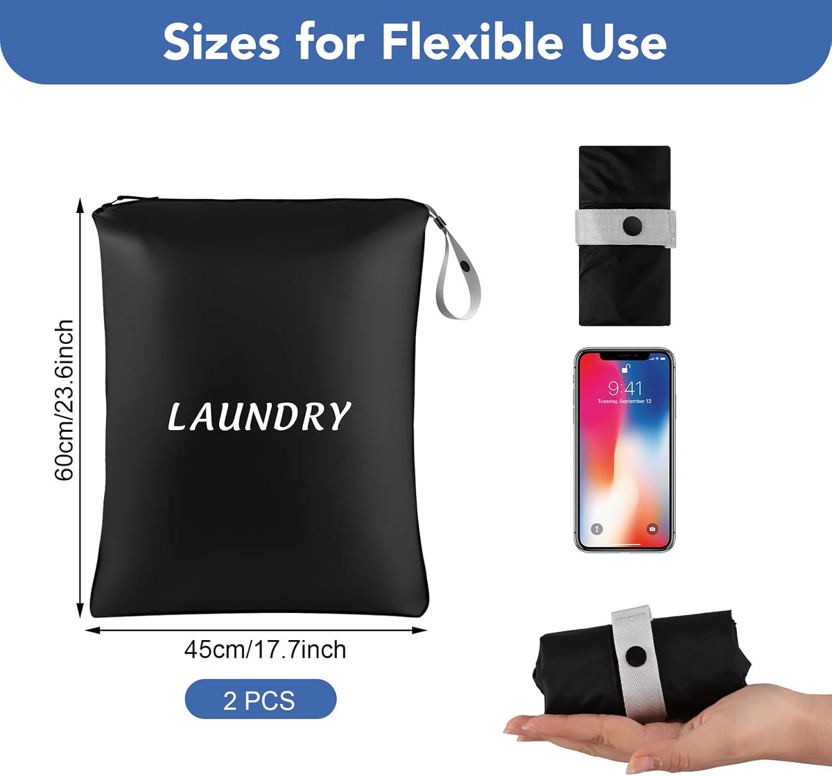 Dntorx 2 Pcs Large Travel Laundry Bags Dirty Clothes Travel Bag, Foldable Waterproof Laundry Bag with Sturdy Handle for Family Beach Gym Pool Yoga Workout College Dorm Swimsuit Diaper Storage, Black