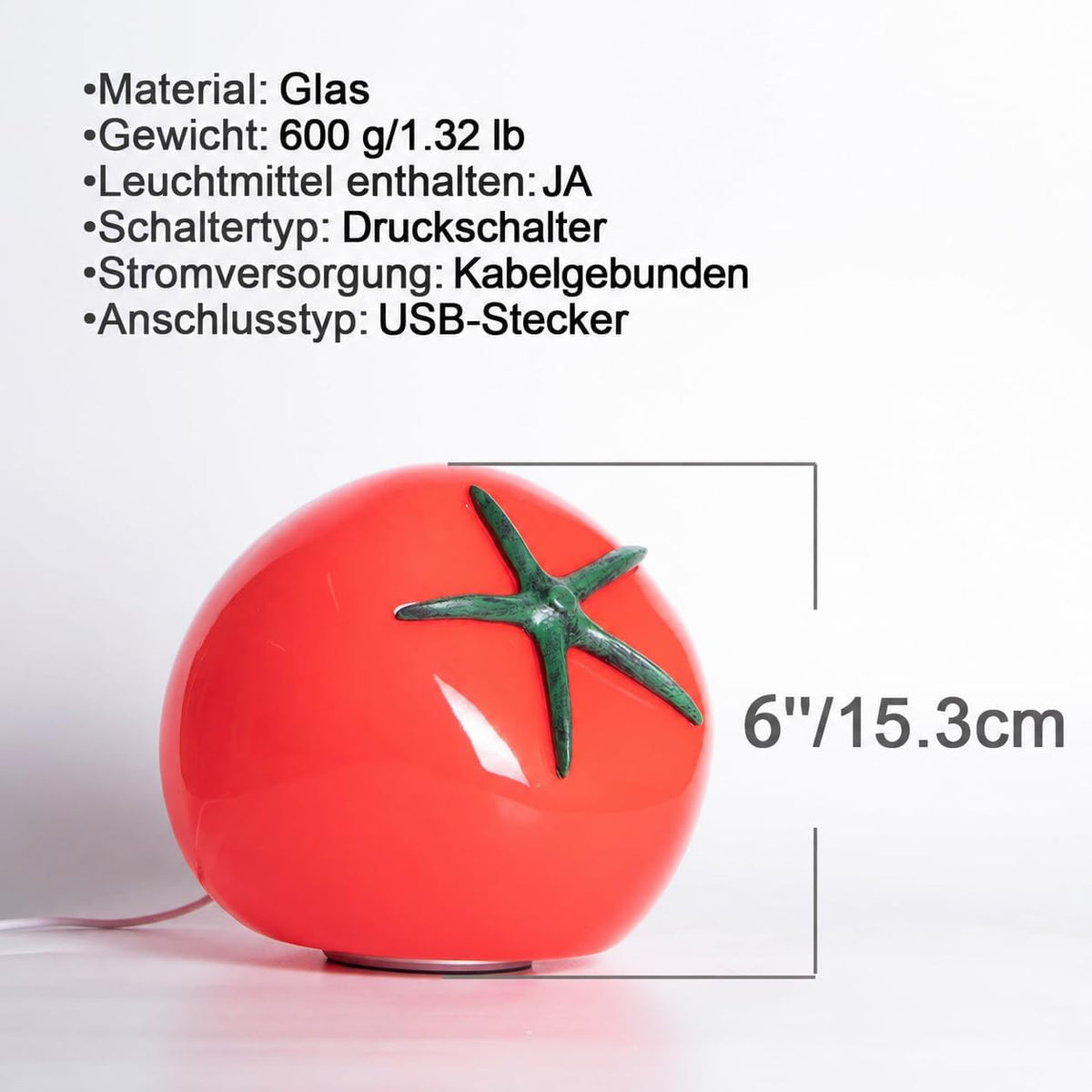 HEQET Table Lamp Tomato Glass Funky Lamp, USB Powered, Dimmable Cute Kawaii Novelty Accent Light for Bedroom & Kitchen Countertop, Unique Vintage Retro Home Decor, Cozy Warm Ambiance (Red)