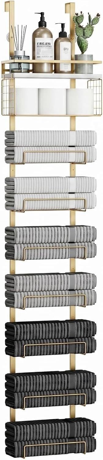 Aetyord Towel Racks for Bathroom Over The Door Towel Racks Towel Storage Organizer with Metal Shelf Basket for Bathroom Rv Camper (9-Tier Gold with White Plank)