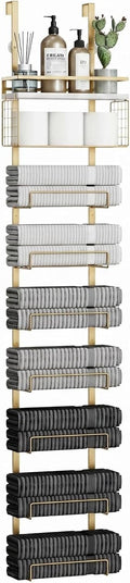 Aetyord Towel Racks for Bathroom Over The Door Towel Racks Towel Storage Organizer with Metal Shelf Basket for Bathroom Rv Camper (9-Tier Gold with White Plank)