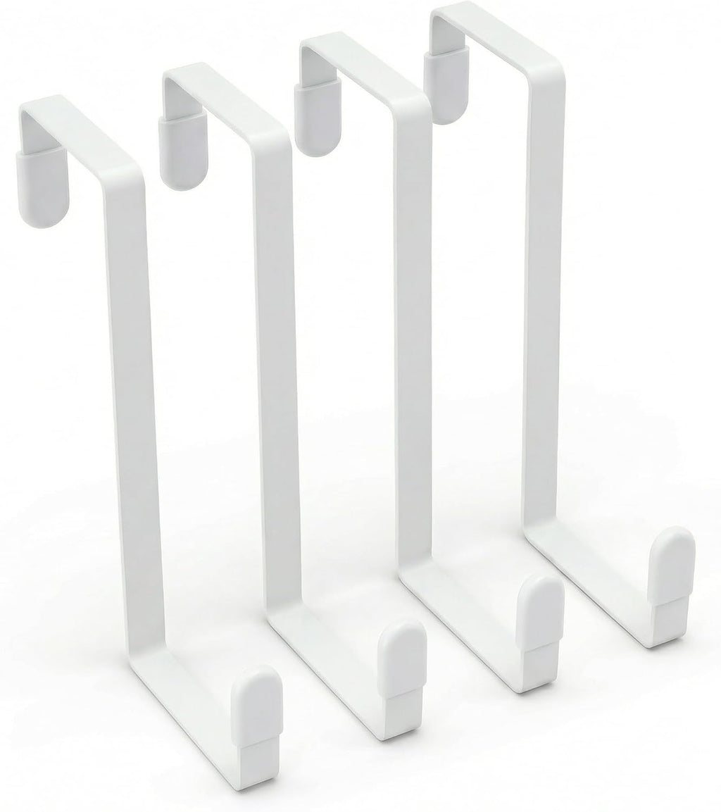 4 Pack Over The Door Hooks - Fitting Door Width Between 1 3/8" and 1 3/4", Reversible Door Hangers for Hanging Clothes, Towels, Coats and More (White) (White, 4 Pack (Long-7.8"))