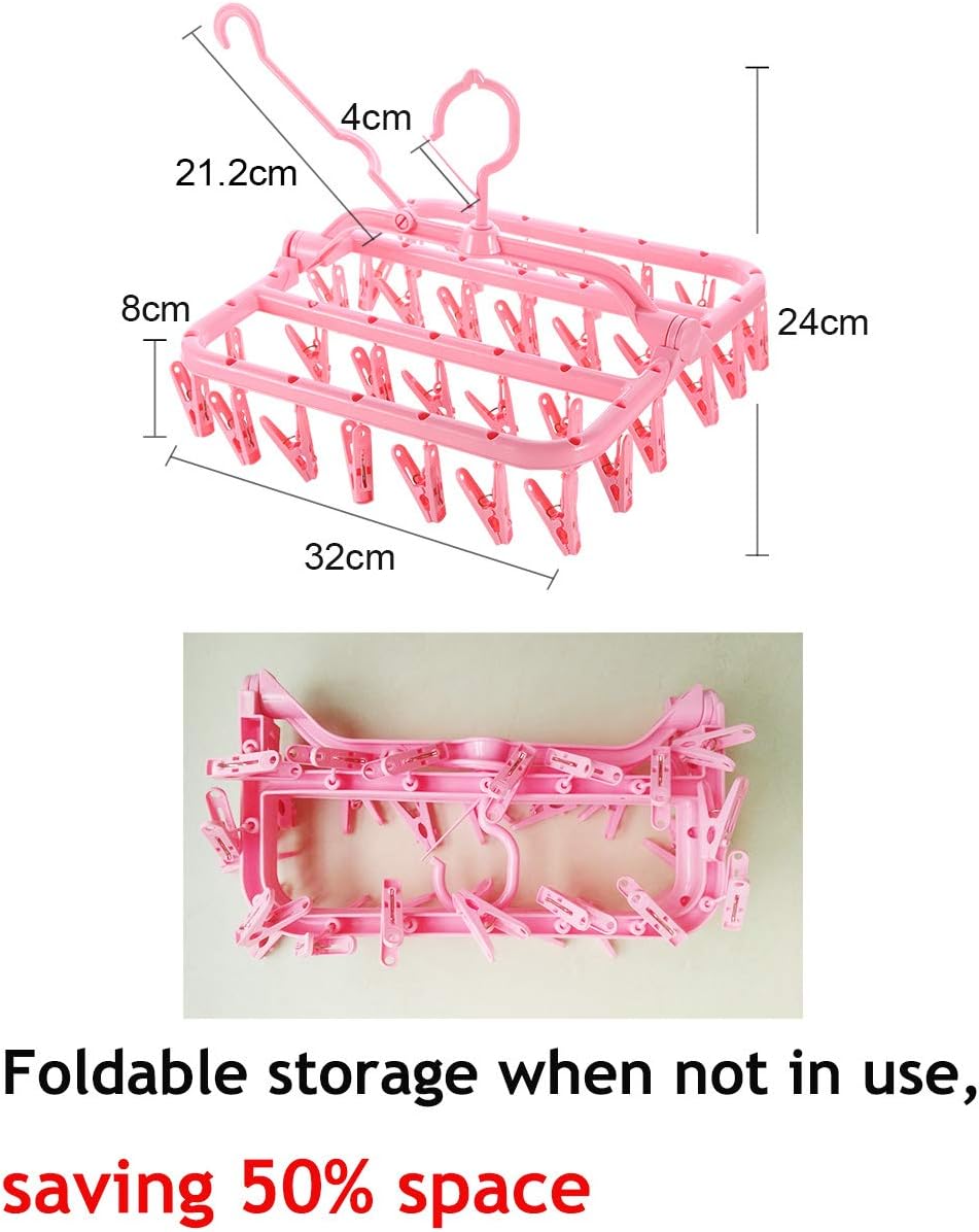 Clothespin Rack Foldable Laundry Drying Hanger,Laundry Hangers with 32 Clips,Clip Hanger Drip Hanger for Drying Underwear,Baby Clothes,Socks,Bras,Towel,Pants,Hat,Scarf,Cloth Diapers,Gloves (Pink)
