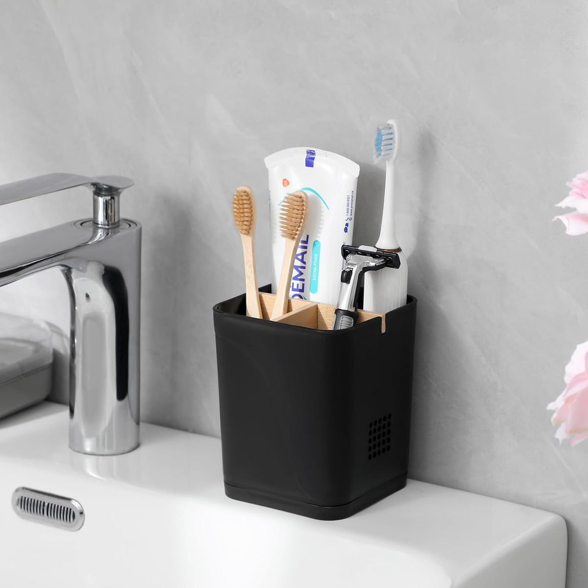 Electric Toothbrush Holder Tooth Brush and Toothpaste Organizer, Black (Pack of 2)