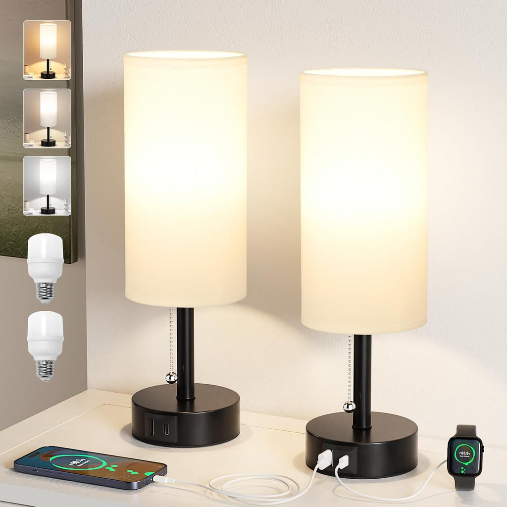 Fenmzee White Bedside Table Lamps Set of 2 - Bedroom Lamp for Desk, USB C+A