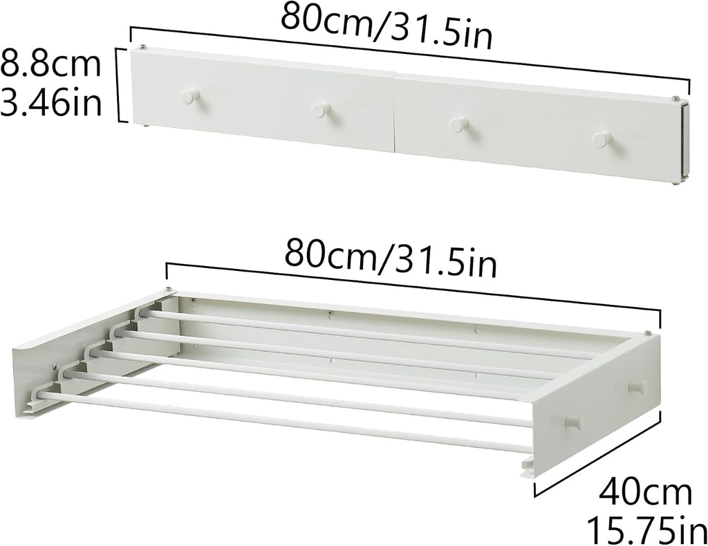 RFOUO Wall Mounted Clothes Drying Rack,White 31.5" with Hooks