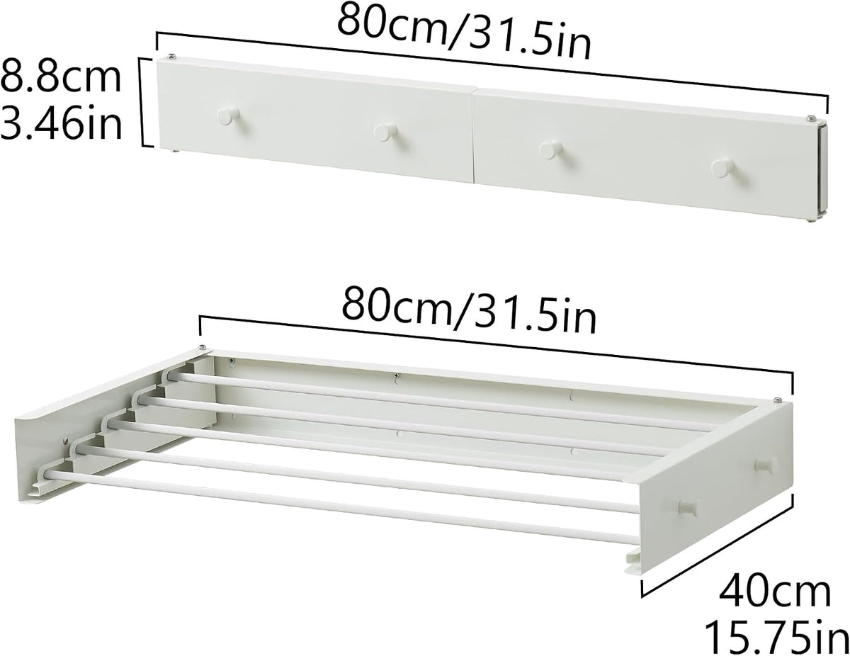 RFOUO Wall Mounted Clothes Drying Rack,White 31.5" with Hooks