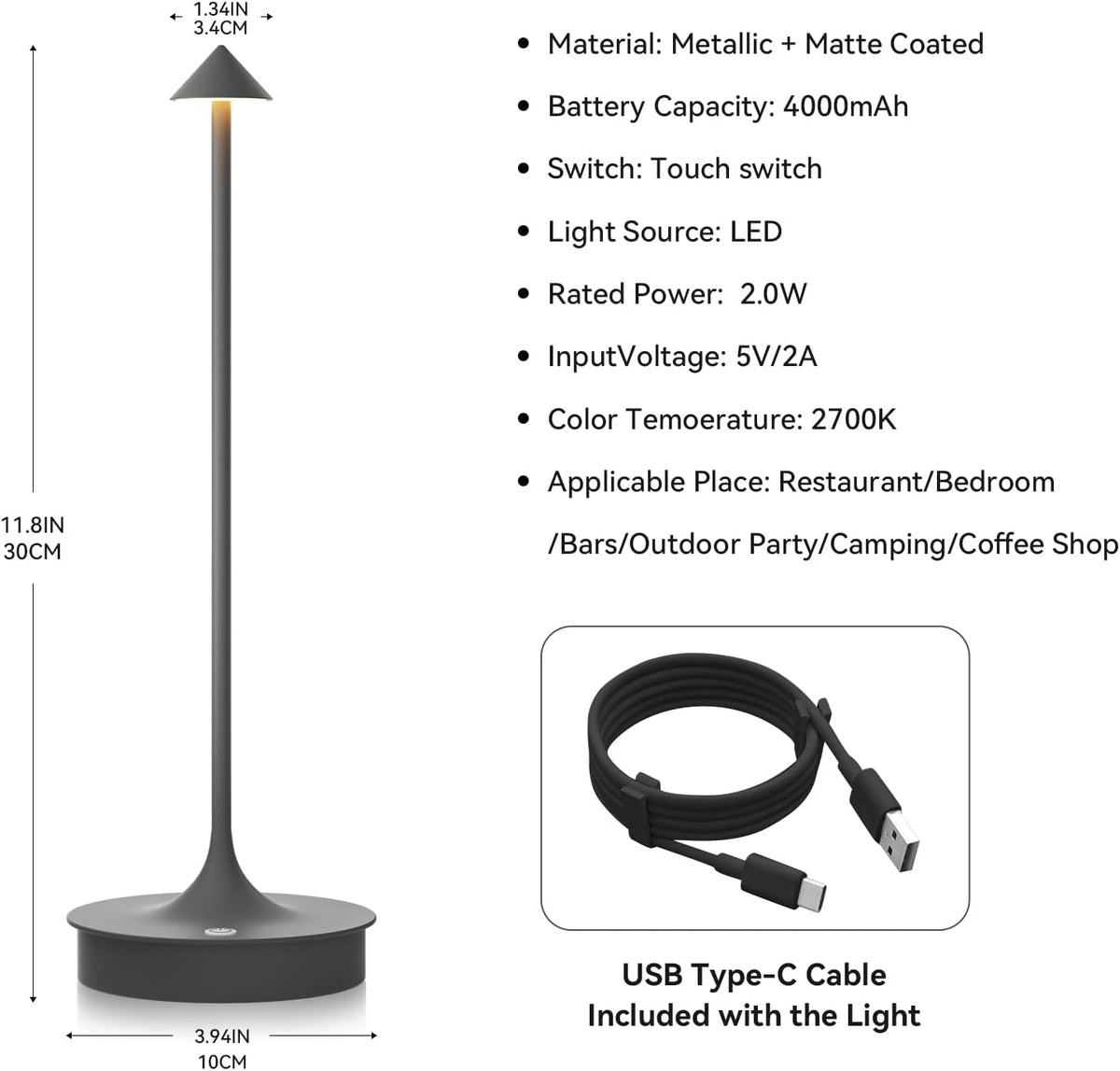 Small Cordless Table Lamp Rechargeable, Battery Operated Desk Lamp, 4000mAh LED Touch Lamp, Dimmable Portable Outdoor Waterproof Wireless Table Light for Restaurants/Bars/Outdoor(1PC,Gray)