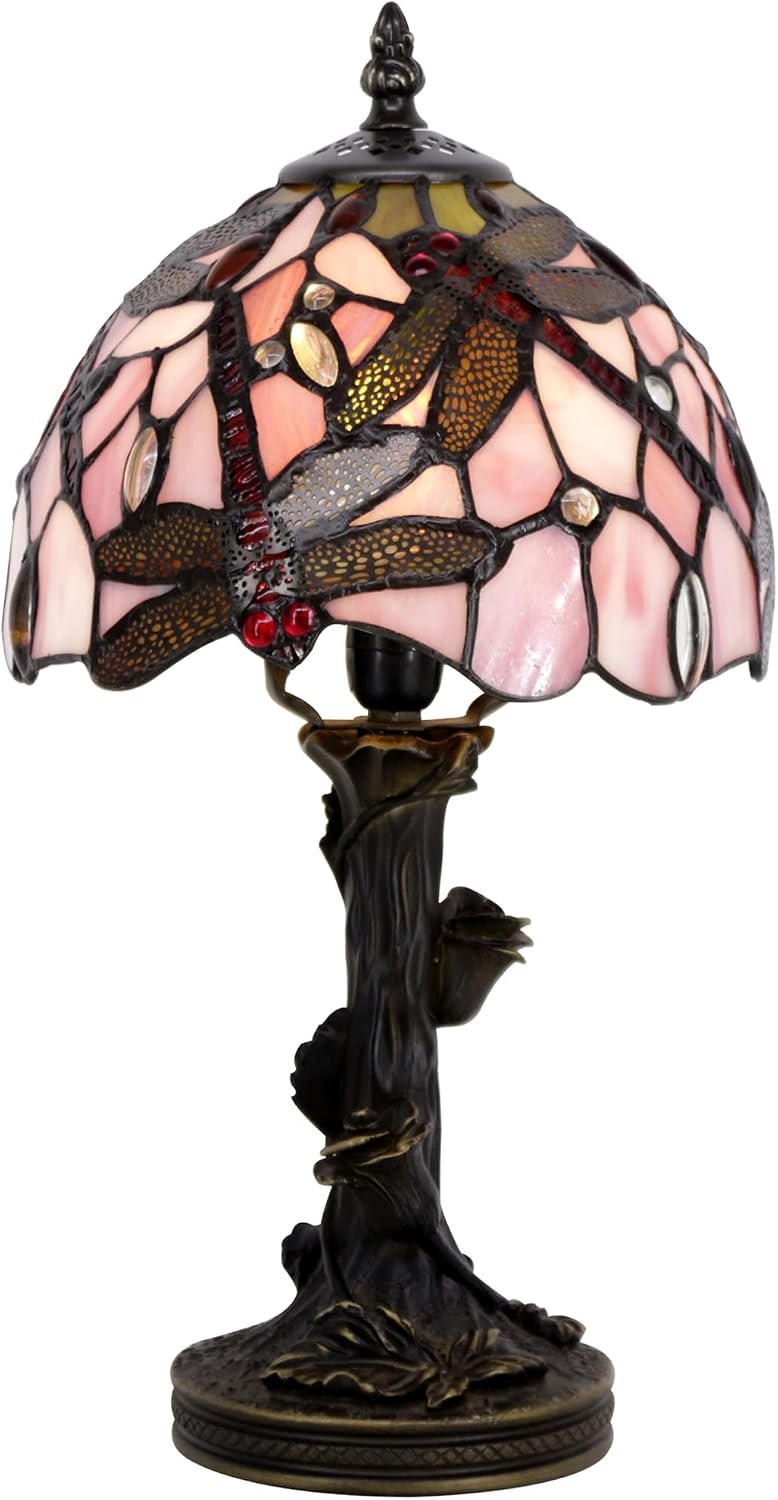 Small Tiffany Table Lamp Pink Dragonfly Style Stained Glass Desk Lamp