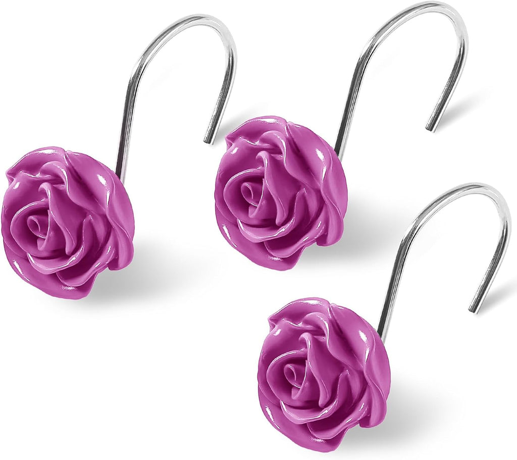 Cute Rose Floral Shower Curtain Hooks Rings for Bathroom,Burgundy 12PCS