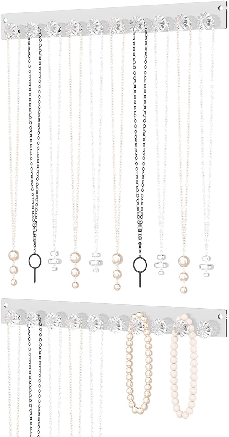Wall Mounted Hanging Necklace Organizer Holder,Small Necklace Hanger Wall Mount,Acrylic Jewelry Hooks Storage Long Necklace,Closet Hanging Bracelet Display Stand (2)